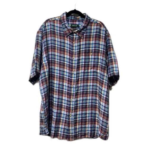 ORVIS Red Plaid Short Sleeve Button Down, 100% Linen, Sz L - Picture 1 of 8